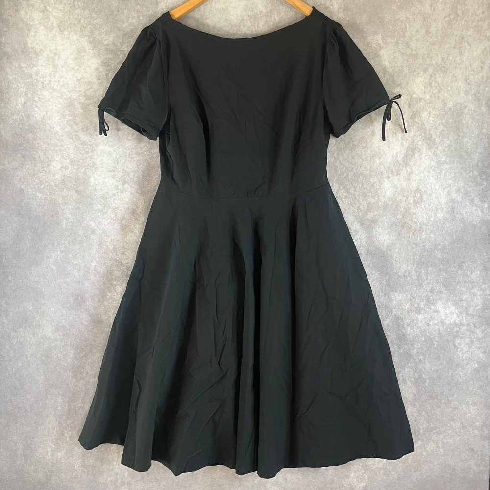 Unique Vintage Fit & Flare Dress Women 2X/18 Black Tie Sleeve Pocket Retro LBD